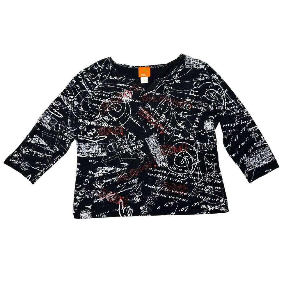 Hearts Of Palm Black Script Print Stretch Top Size Medium